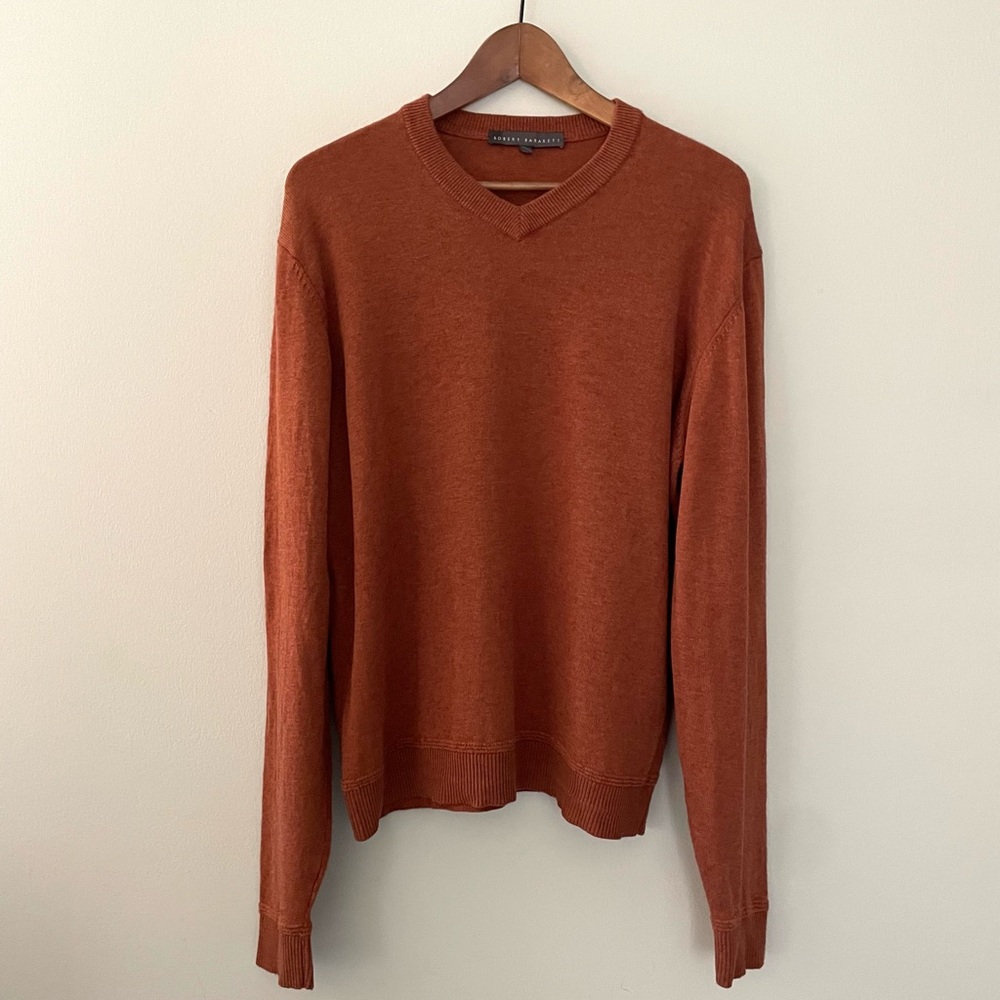 Robert Barakett Wool Silk Cashmere Blend V-Neck Sweater Rust Burnt Orange